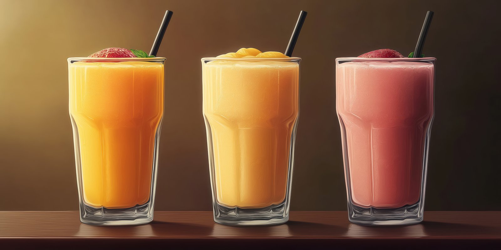 Refreshing fruit smoothies served in tall glasses with colorful layers